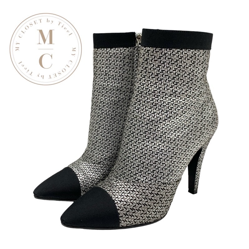 シャネル CHANEL ブーツ ショートブーツ 靴 シューズ ファブリック レザー シルバー ブラック ロゴ