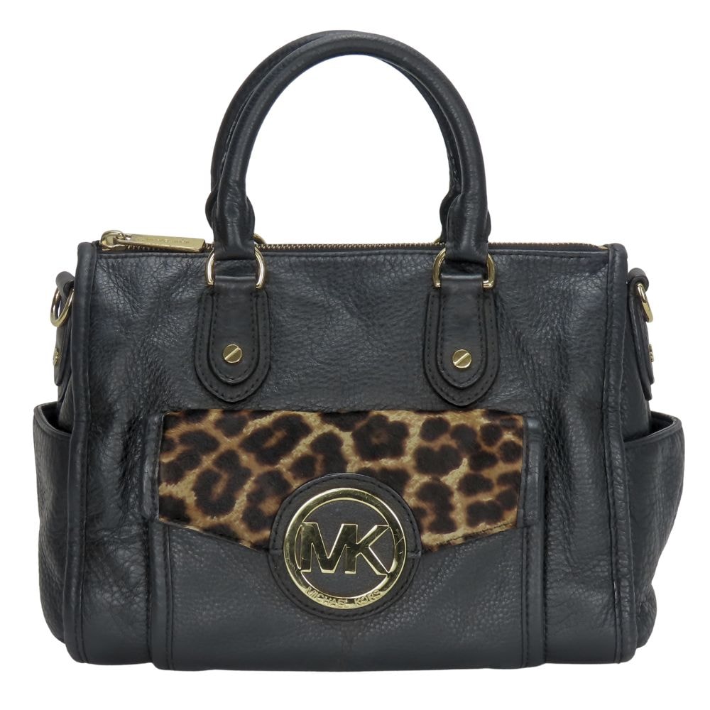 【中古】 マイケルコース ハンドバッグ レザー ブラック ゴールド金具 レオパード ヒョウ柄 レディース 女性 Michael Kors