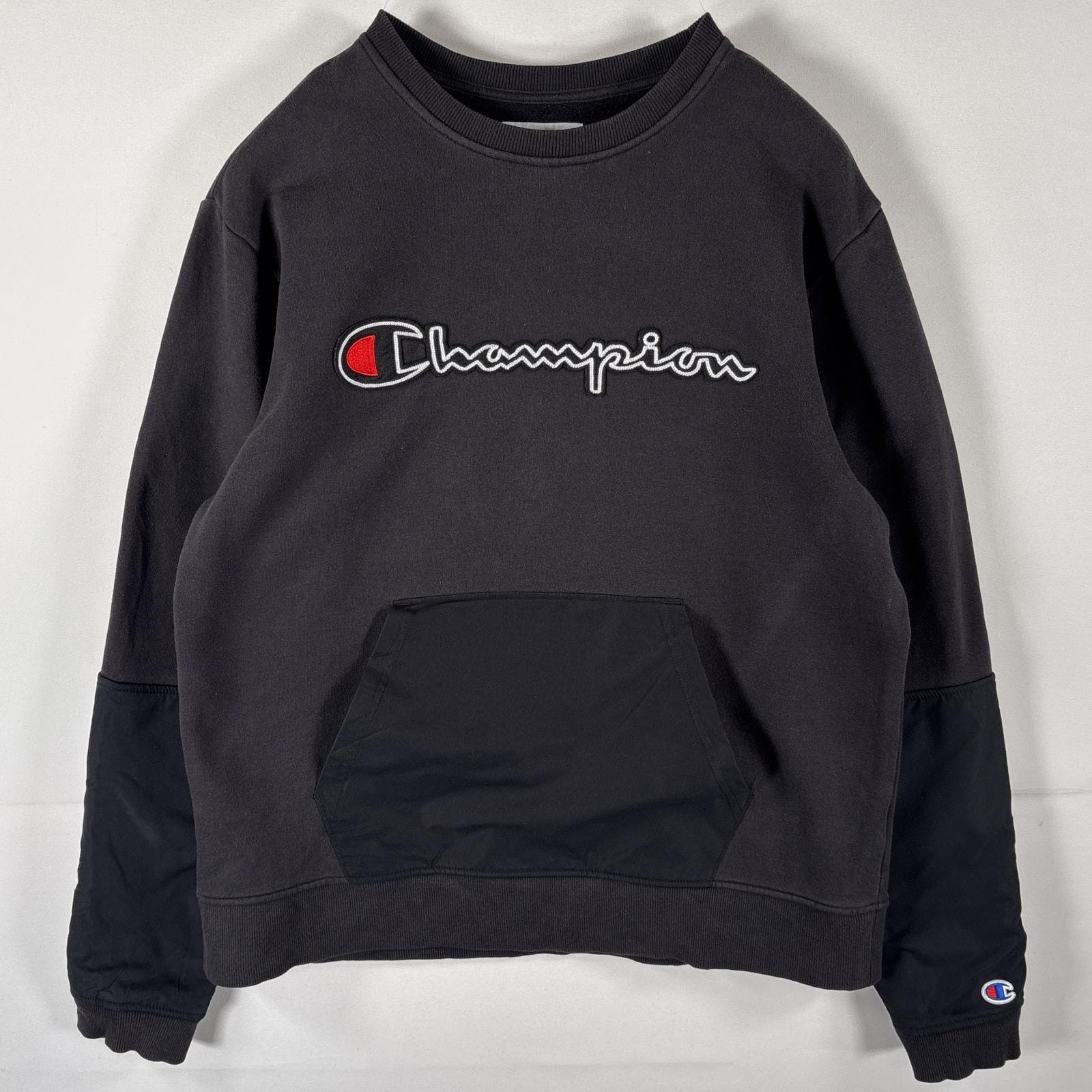 古着 チャンピオン Champion スウェット トレーナー ビッグロゴワッペン ナイロン切り替え クルーネック L  ブラック メンズ