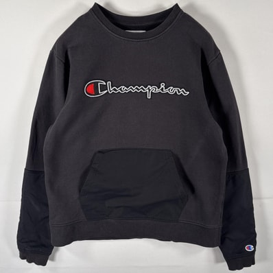 古着 チャンピオン Champion スウェット トレーナー ビッグロゴワッペン ナイロン切り替え クルーネック L ブラック メンズ