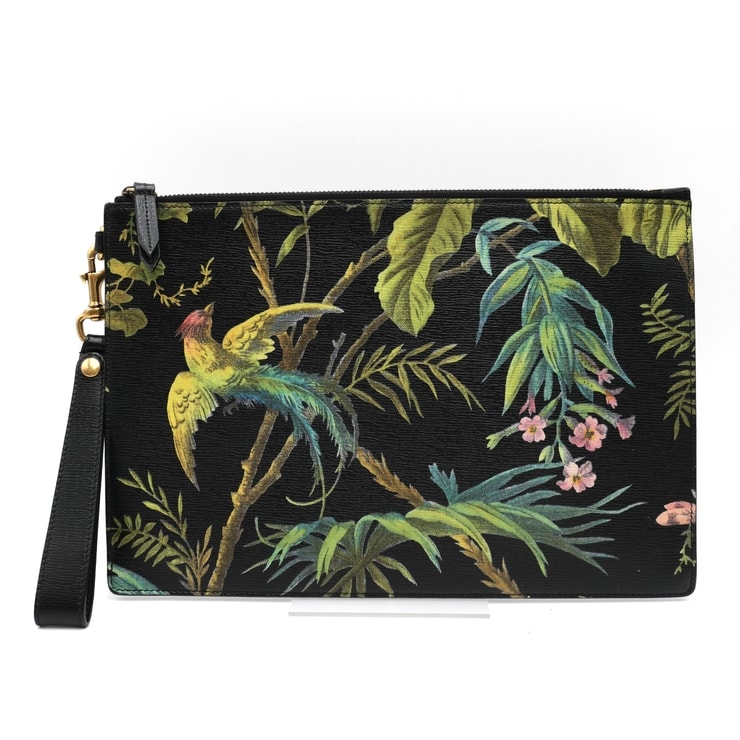 GUCCI(グッチ)トロピカルプリント クラッチバッグ セカンドバッグ ポーチ ブラック マルチカラー レザー バード フラワー ボタニカル柄 ゴールド金具 リストストラップ付き レディース メンズ ユニセックス【中古】