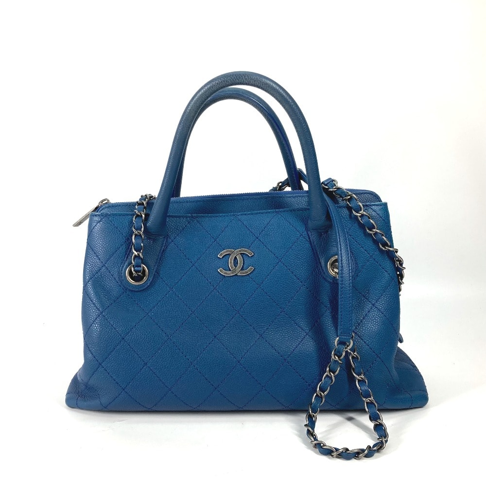 シャネル CHANEL CC ココマーク マトラッセ キルティング トートバッグ カバン ハンドバッグ チェーン 2WAY 肩掛け ショルダーバッグ キャビアスキン ブルー