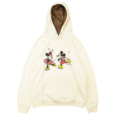 SALE【美品】COACH x DISNEY コーチ スウェットパーカー サイズ M レディース ディズニー ミッキーマウス ミニーマウス アイススケート モチーフ フーディー モノグラム プルオーバー ロングスリーブ 長袖 トップス アイボリー ペルー製