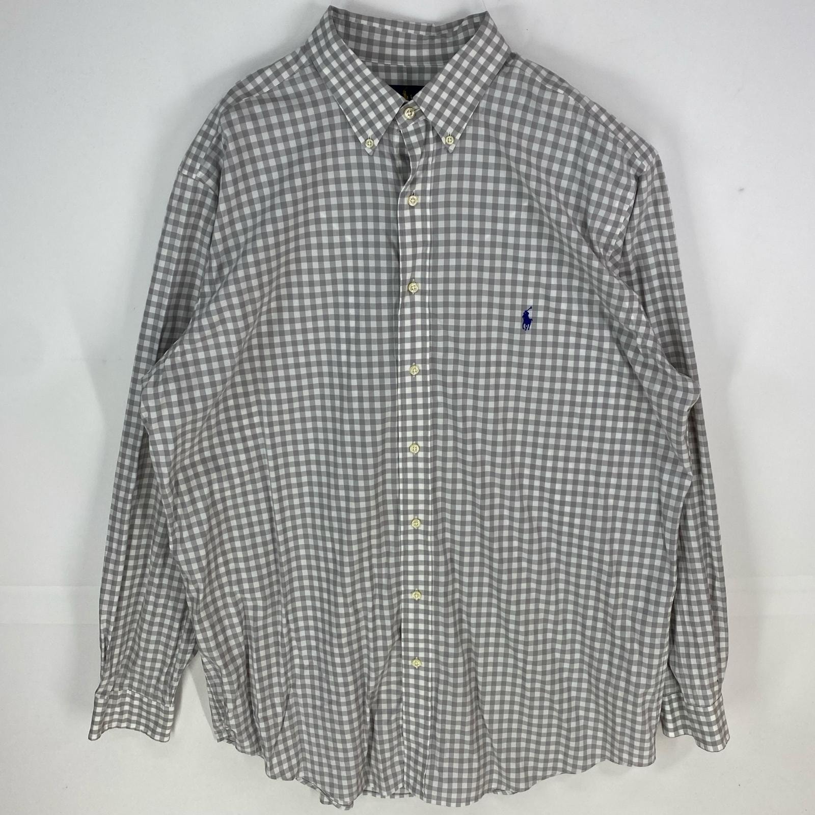 古着 ラルフローレン RALPH LAUREN 長袖シャツ 刺繍ロゴ ワンポイント 大きいサイズ ボタンダウン XLT  グレー系 チェック メンズ