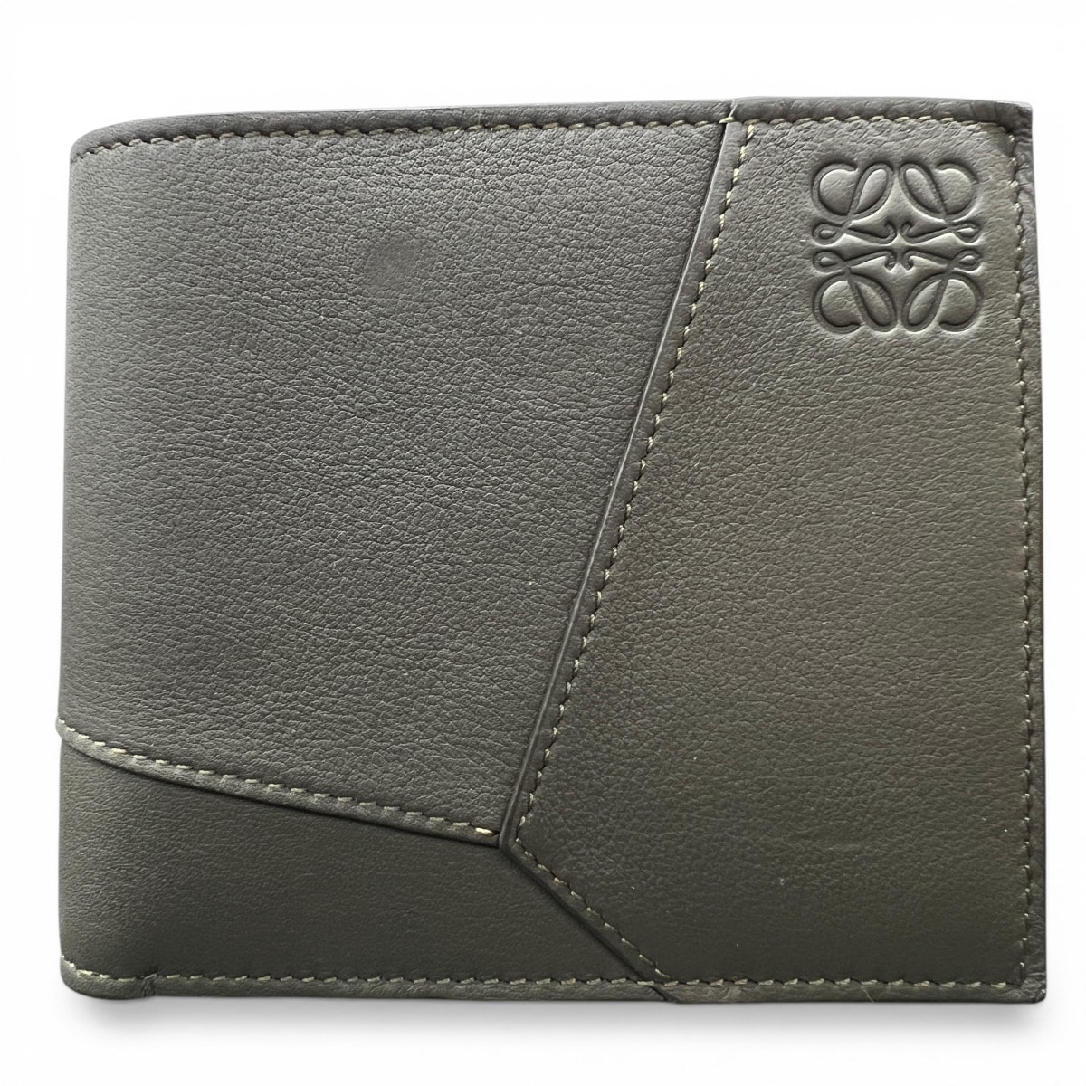 LOEWE 極美品 ロエベ ANAGRAM PUZZLE BIFOLD アナグラム パズル バイフォールド コインウォレット 二つ折り財布 C510501X16 レザー カーキ グリーン コンパクトウォレット ミニ財布 Aランク 中古 鑑定済 ロエベ財布