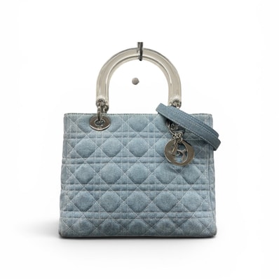 Christian Dior 希少 美品 レディディオール ミディアム デニム 2way ハンドバッグ ショルダーバッグ ブルー プラスチック キルティング ロゴ クロスボディ CD クリスチャン Aランク 鑑定済 中古 ディオールバッグ
