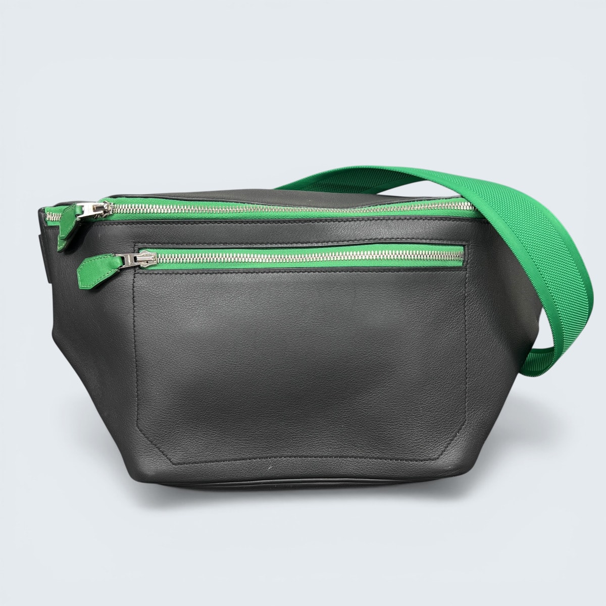 HERMES 希少 極美品 エルメス シティスライドクロス GM ボディバッグ C刻印 2018年 レザー ブラック グリーン バイカラー シルバー金具 クロスボディ ウエストバッグ メンズ Aランク 中古 鑑定済 エルメスバッグ