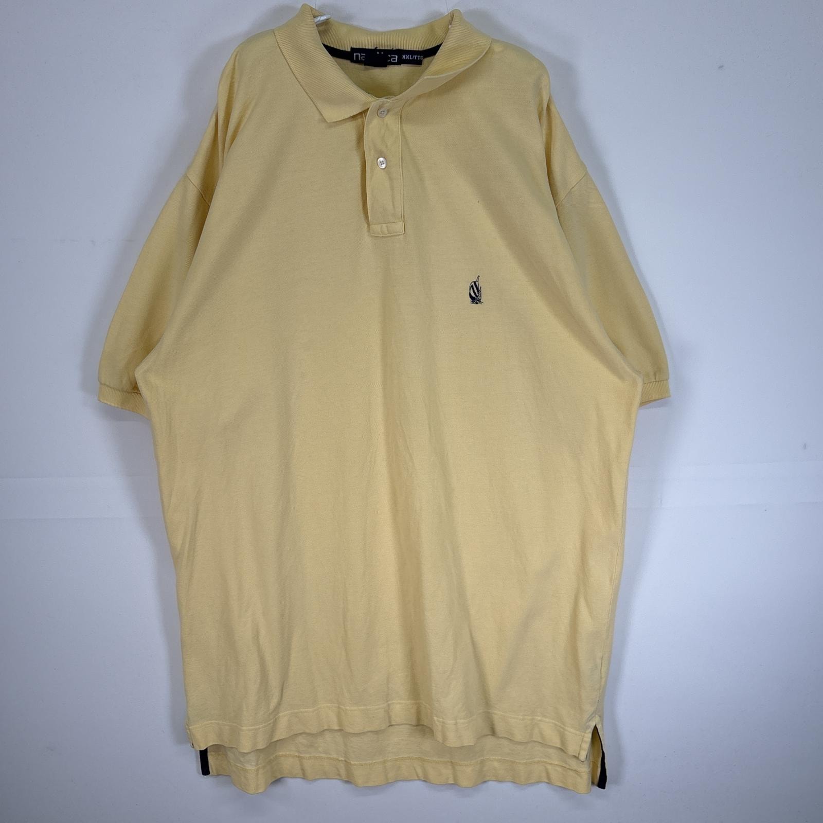 古着 90's/90年代 ノーティカ NAUTICA 鹿の子 半袖 ポロシャツ ロゴ 刺繍 大きいサイズ 2ボタン 14041  イエロー 無地 メンズ