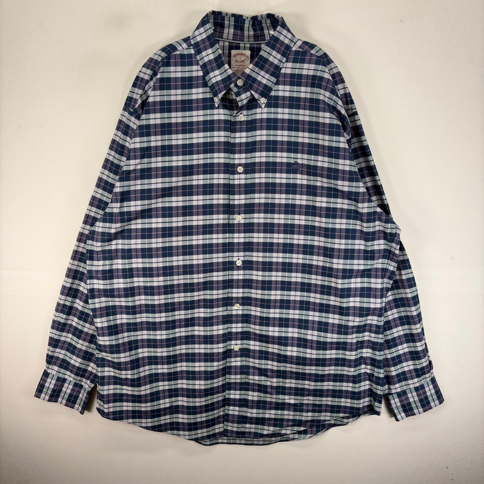 古着 ブルックスブラザーズ Brooks Brothers 長袖シャツ ワンポイント 刺繍ロゴ ボタンダウン L  ブルー系 チェック メンズ