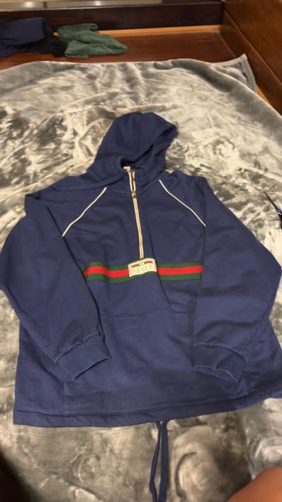 GUCCI Logo Web Half-zip Cotton Jersey Hoodie "Navy"