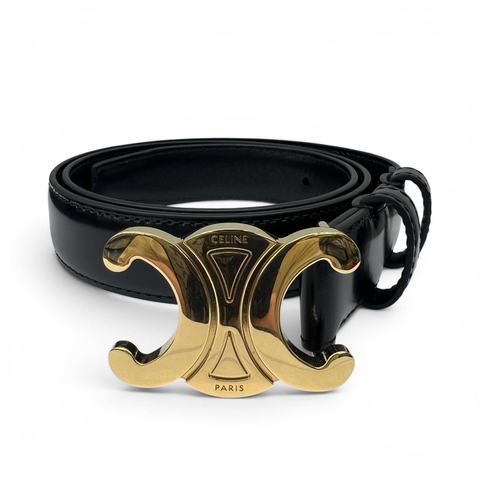 CELINE 極美品 セリーヌ TRIOMPHE トリオンフ ベルト #75 レザー ブラック ゴールド金具 マカダム Aランク 中古 鑑定済 セリーヌベルト