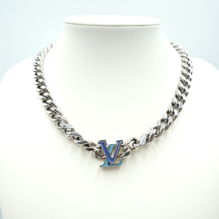 LOUIS VUITTON(ルイ・ヴィトン)コリエ・LVチェーン ネックレス LVロゴ ブルー シルバー チェーン アクセサリー メンズ【中古】