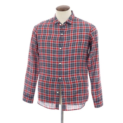 【中古】ザノースフェイス THE NORTH FACE ポリエステルコットンリネン チェック カジュアルシャツ レッドxネイビー【サイズL】【メンズ】