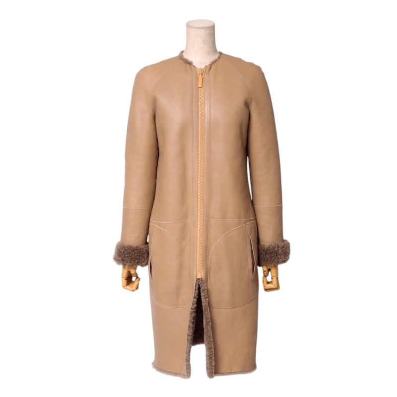 CELINE セリーヌ コート サイズ36 《フィービー期》 ムートンコート ロングコート リバーシブル ノーカラー 羊革 ベージュ/ブラウン イタリア製 ブランド古着【中古】20241217/RA2568