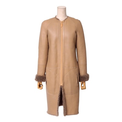 CELINE セリーヌ コート サイズ36 《フィービー期》 ムートンコート ロングコート リバーシブル ノーカラー 羊革 ベージュ/ブラウン イタリア製 ブランド古着【中古】20241217/RA2568