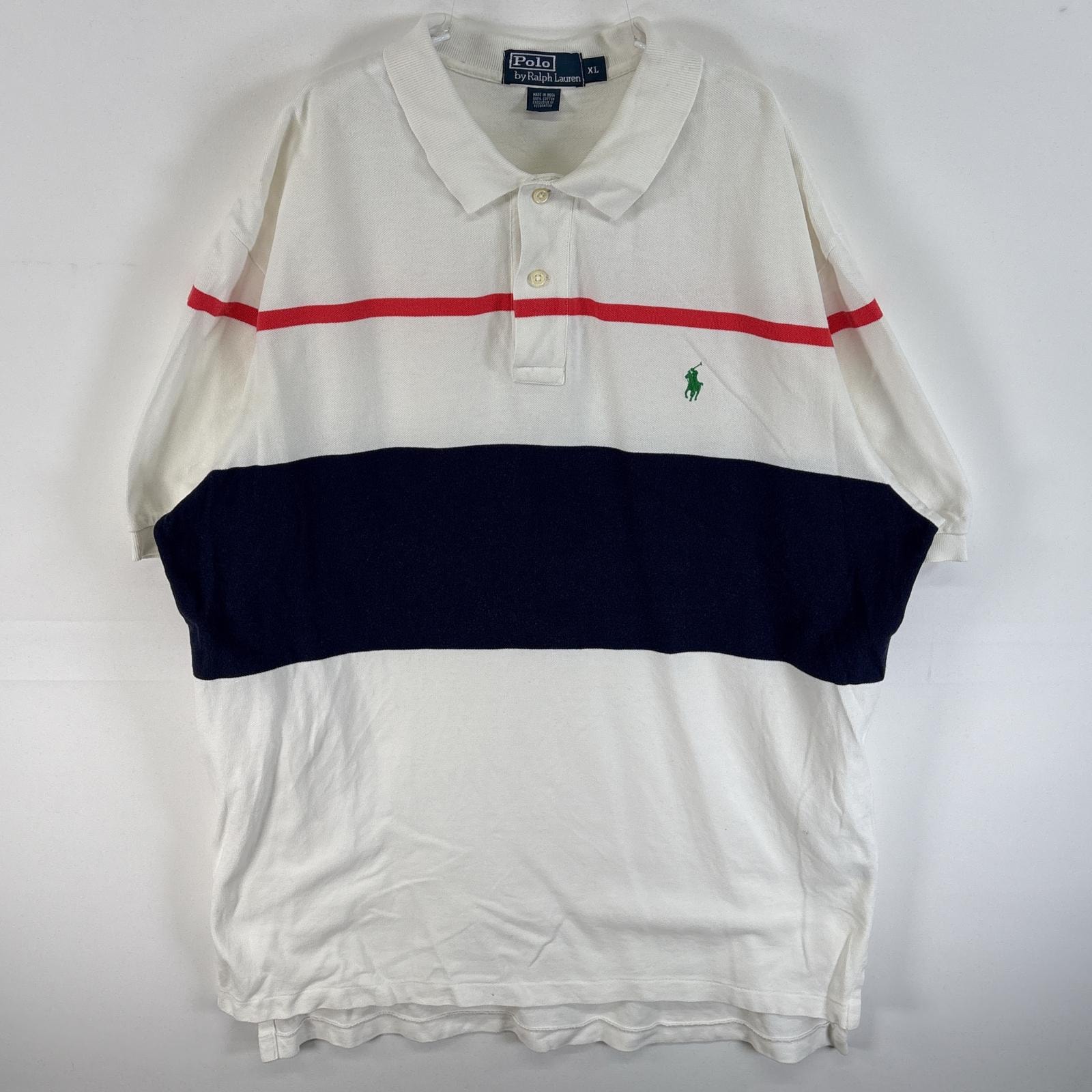 古着 90's/90年代 ポロバイラルフローレン Polo by Ralph Lauren 鹿の子 半袖 ポロシャツ ワンポイント ロゴ 刺繍 2ボタン ボーダー XL  ホワイト系 マルチカラー メンズ