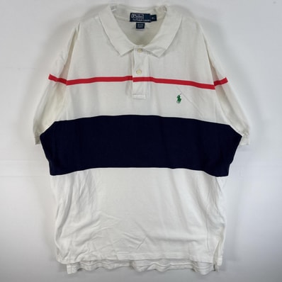 古着 90's/90年代 ポロバイラルフローレン Polo by Ralph Lauren 鹿の子 半袖 ポロシャツ ワンポイント ロゴ 刺繍 2ボタン ボーダー XL ホワイト系 マルチカラー メンズ