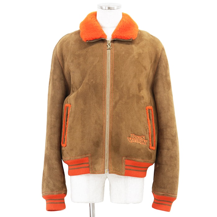 LOUIS VUITTON ルイ・ヴィトン カレッジブルゾン サイズ 52 メンズ レザー ヌバック シアリング ボアライニング ムートンジャケット アウター ブラウン オレンジ 茶色 橙色 フランス製