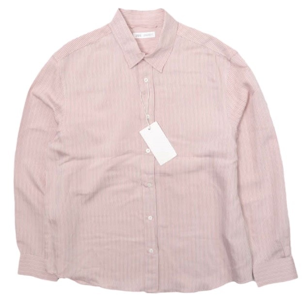 新品 ZARA ザラ ストライプフレアーデザインシャツ 4286/184/620 L PINK 長袖 トップス g28404