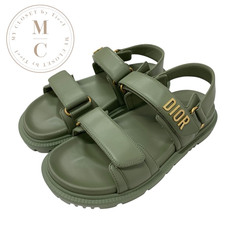 クリスチャンディオール CHRISTIAN DIOR DIORACT サンダル 靴 シューズ レザー グリーン 未使用 ロゴ フラット