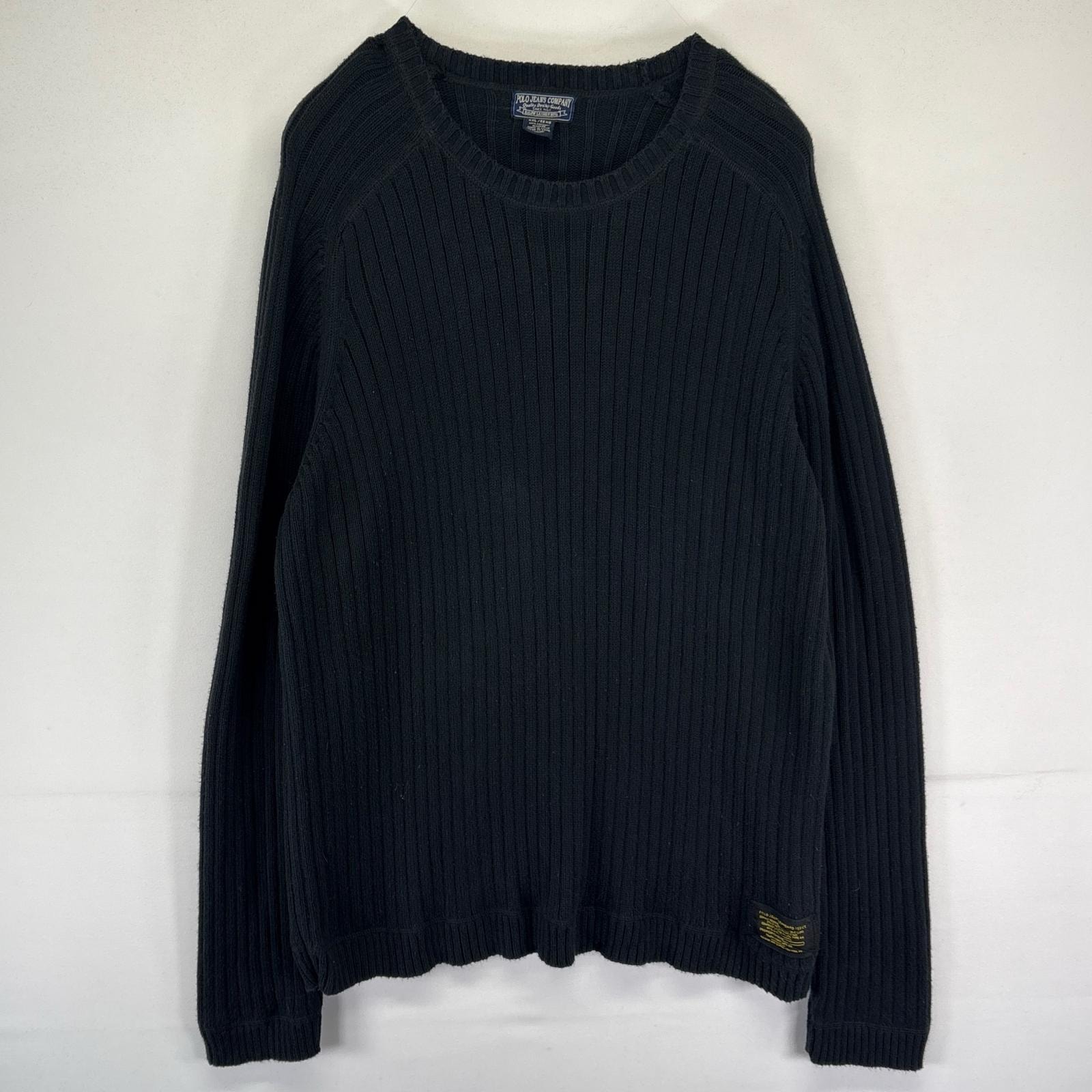 古着 ポロジーンズ POLO JEANS ニット ケーブル ラグランスリーブ 大きいサイズ 2XL  ブラック系 無地 メンズ