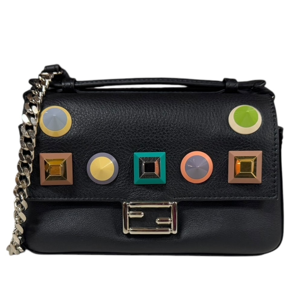 フェンディ ダブルマイクロバゲット マルチスタッズ ショルダーバッグ レザー 8M0371 ブラック レディース FENDI  中古