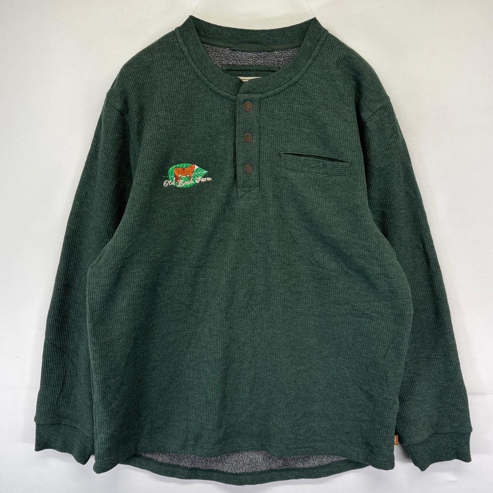 古着 エルエルビーン L.L.Bean サーマルトレーナー ハーフボタン プルオーバー 裏ボア 胸ポケット L  グリーン系 メンズ