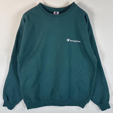 古着 90's/90年代 チャンピオン Champion スウェット トレーナー ワンポイントロゴ刺繍 クルーネック ワッペン M グリーン メンズ