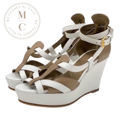 エルメス HERMES サンダル 靴 シューズ レザー ホワイト ブラウン ウェッジソール ストラップ