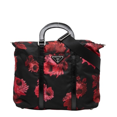 プラダ フラワー 花柄 ハンドバッグ ショルダーバッグ 2WAY ブラック レッド ナイロン パテントレザー レディース PRADA 【中古】