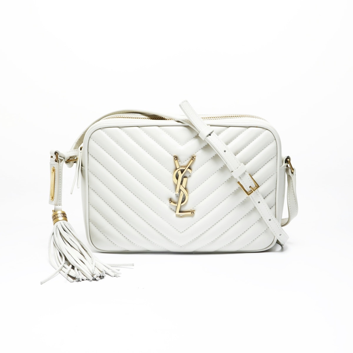 ホワイトYSLショルダーバッグ D (傷や汚れあり)】イヴ・サンローラン YSL YSL ルー タッセル カメラ