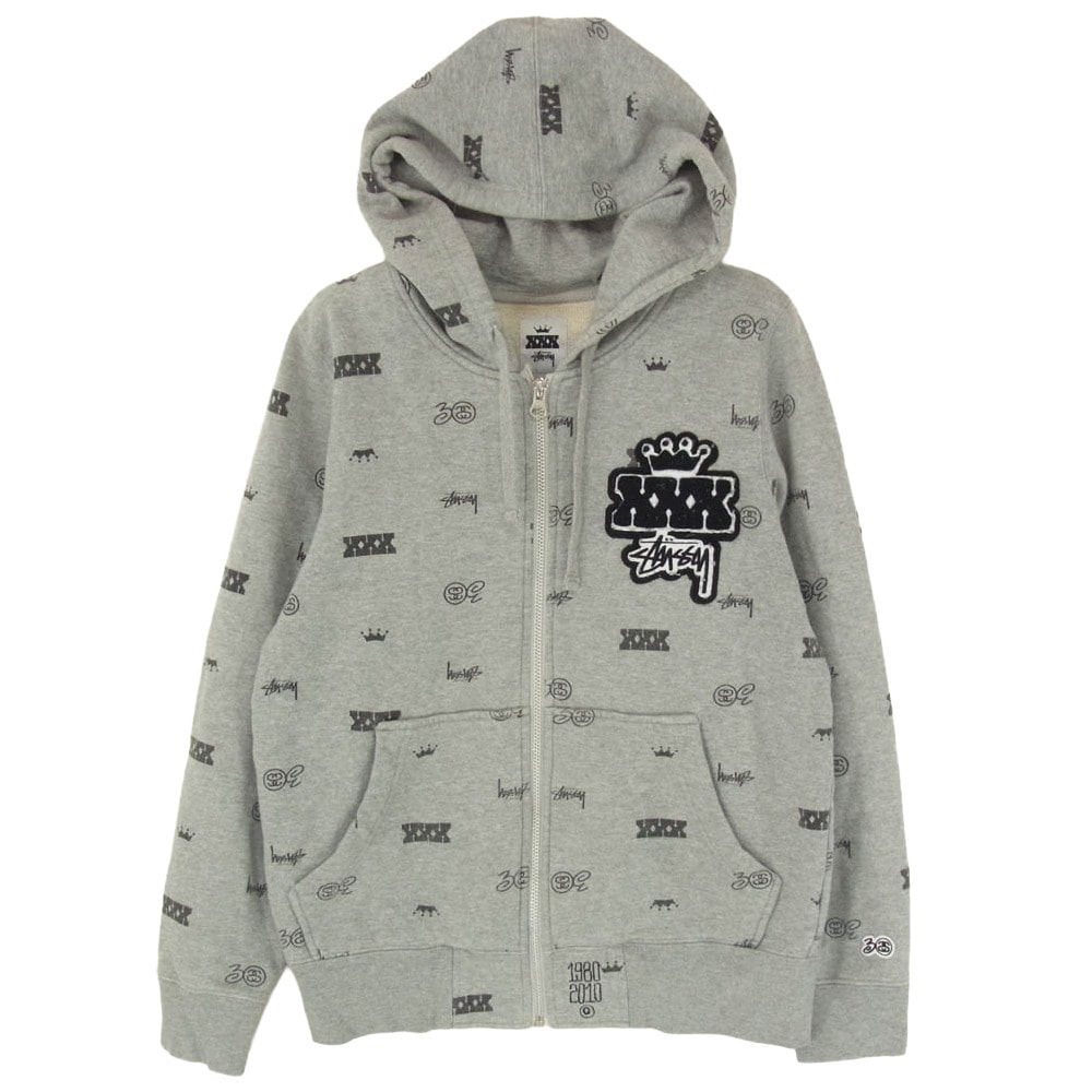 STUSSY ステューシー パーカー 30周年 記念 モノグラム 総柄 ジップアップ パーカー フーディ グレー系 S【中古】