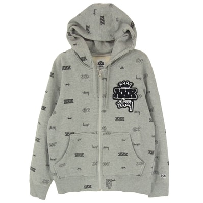 STUSSY ステューシー パーカー 30周年 記念 モノグラム 総柄 ジップアップ パーカー フーディ グレー系 S【中古】