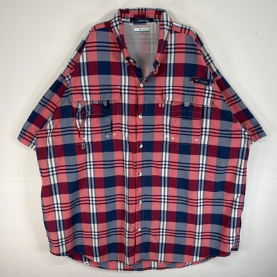 古着 コロンビア Columbia 半袖シャツ チェック PFG フィッシングギア 大きいサイズ 14041 ピンク系 マルチカラー メンズ