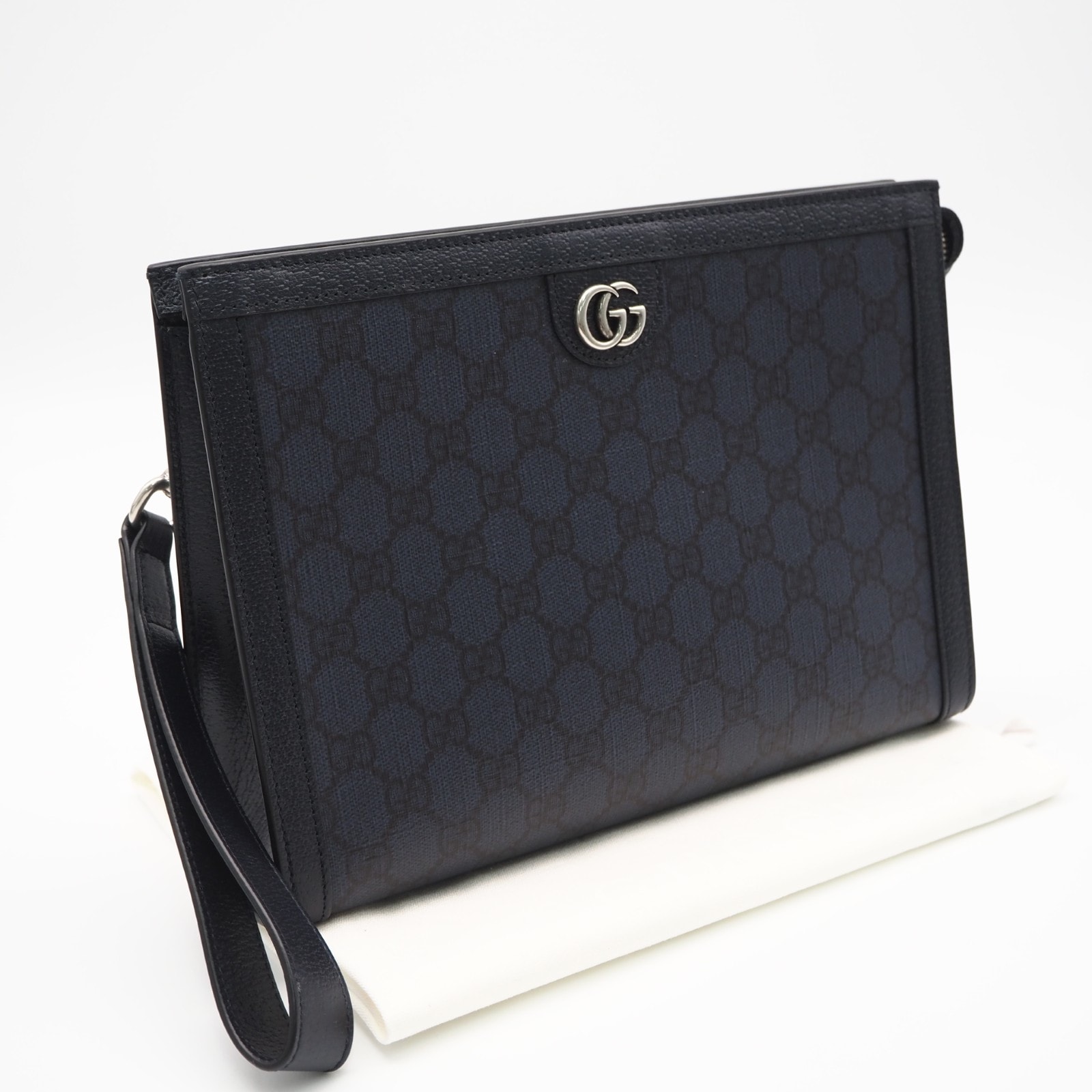 美品 GUCCI グッチ GGスプリーム クラッチバッグ 760243 クラッチバッグ ネイビー コーティングキャンバス レザー メンズ