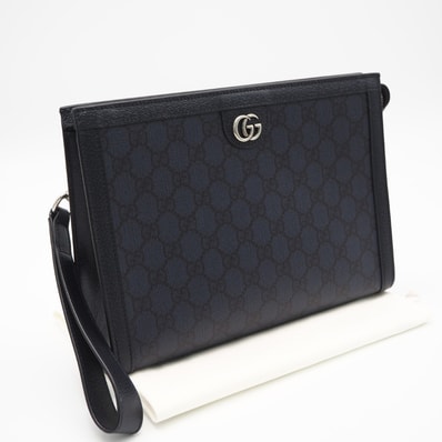 美品 GUCCI グッチ GGスプリーム クラッチバッグ 760243 クラッチバッグ ネイビー コーティングキャンバス レザー メンズ