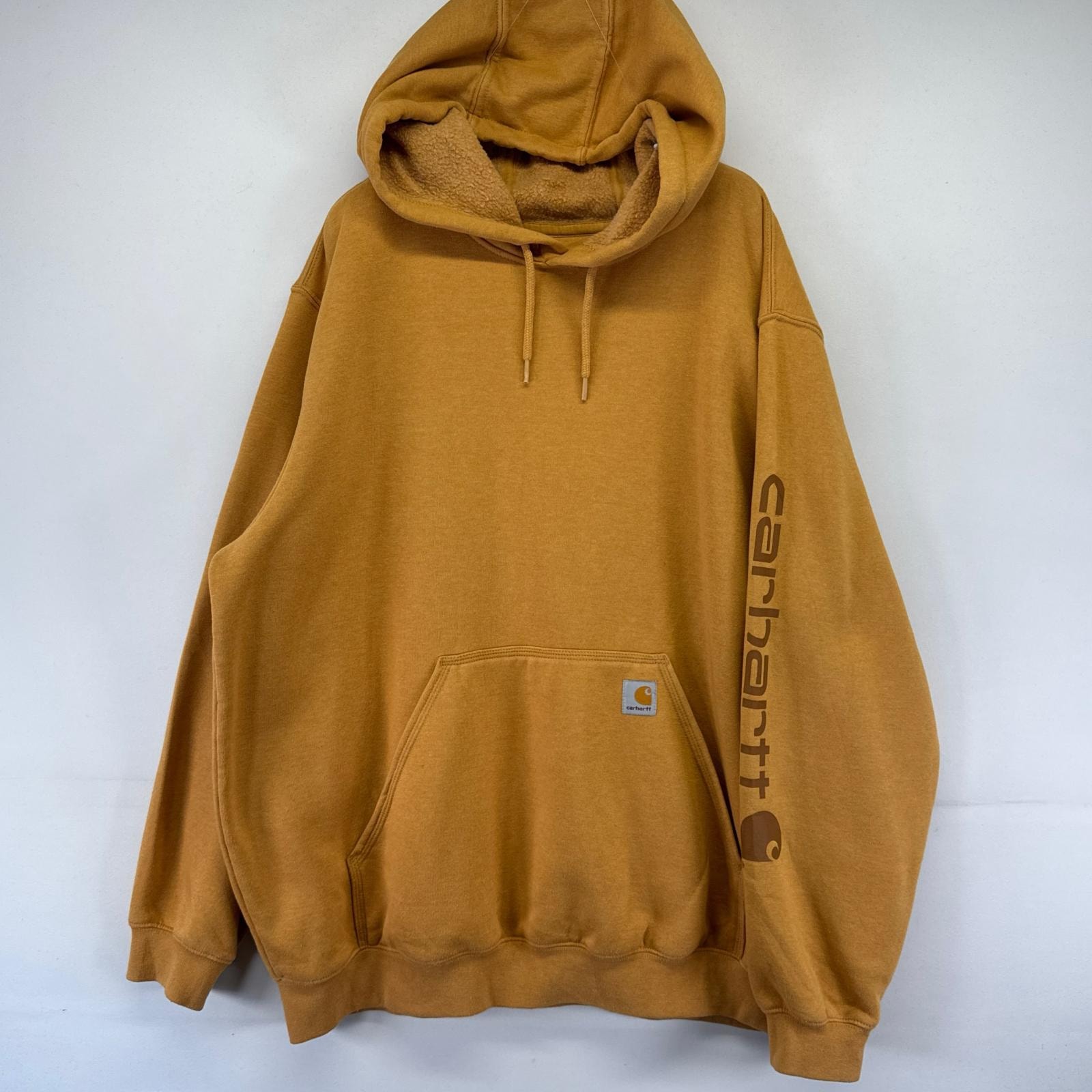古着 カーハート Carhartt パーカー 袖ロゴプリント ワンポイントロゴ スウェット 大きいサイズ 袖ロゴ XL  イエロー系 メンズ