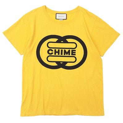 美品 グッチ CHIME ロゴ プリント 半袖Tシャツ メンズ イエロー ブラック S GUCCI