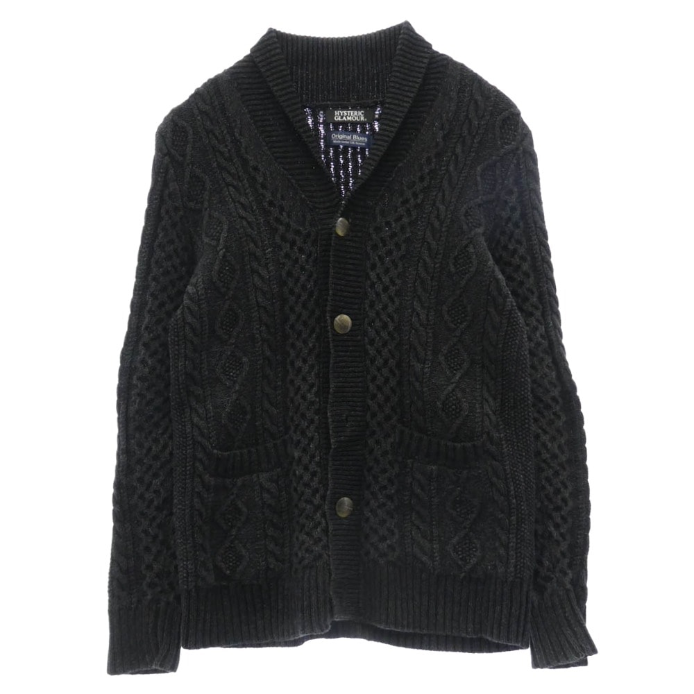 HYSTERIC GLAMOUR ヒステリックグラマー ニット 0251ND03 × ORIGINAL BLUES オリジナル ブルース ケーブルニット コットン ショールカラー カーディガン ダークグレー系 M【中古】
