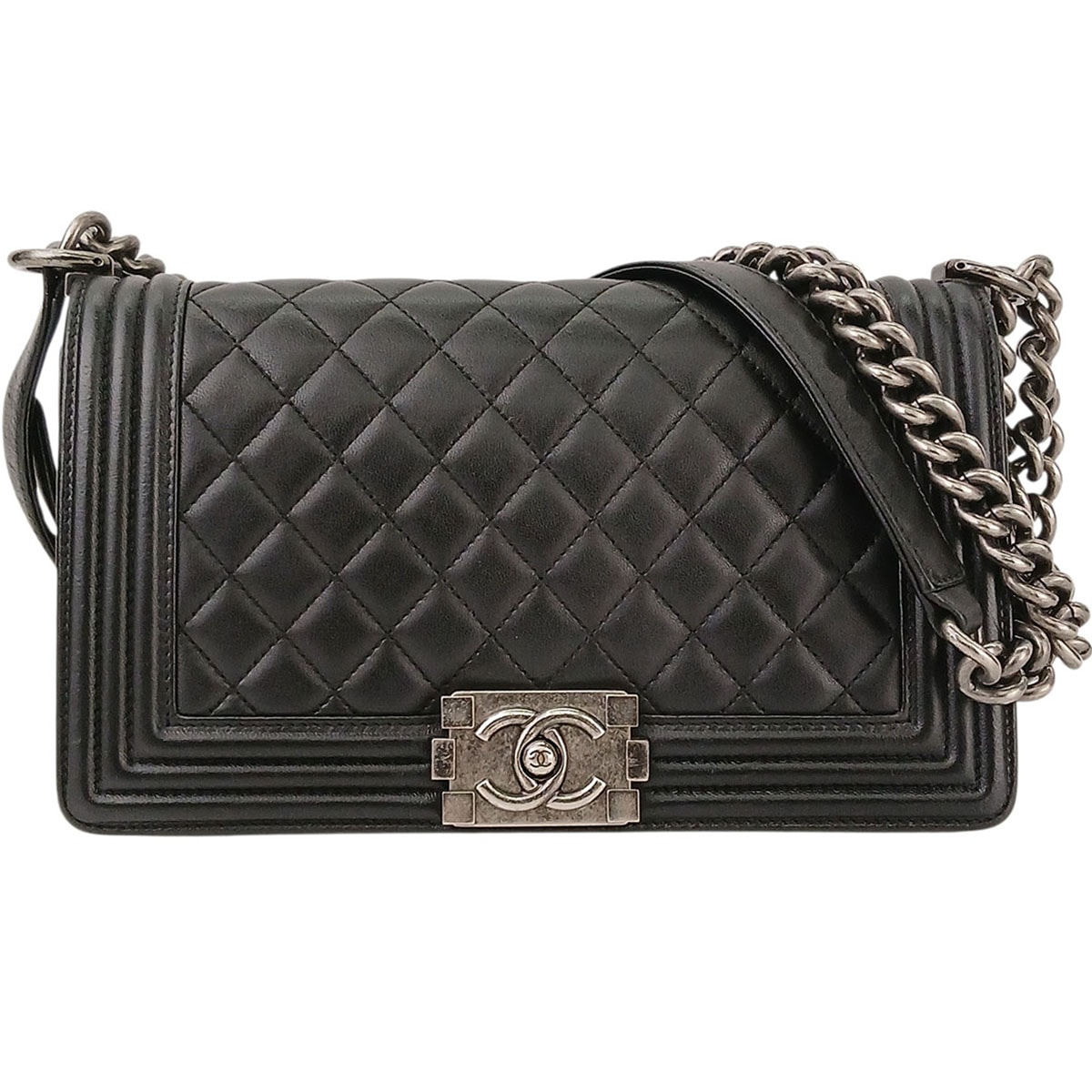 CHANEL シャネル ボーイシャネル チェーン ショルダー バッグ マトラッセ ショルダーバッグ A67086 ラムスキン ブラック シルバー レディース【中古】