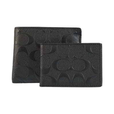 COACH コーチ シグネチャー ブラック 黒 レザー 折り財布 札入れ パスケース 601983 【中古】