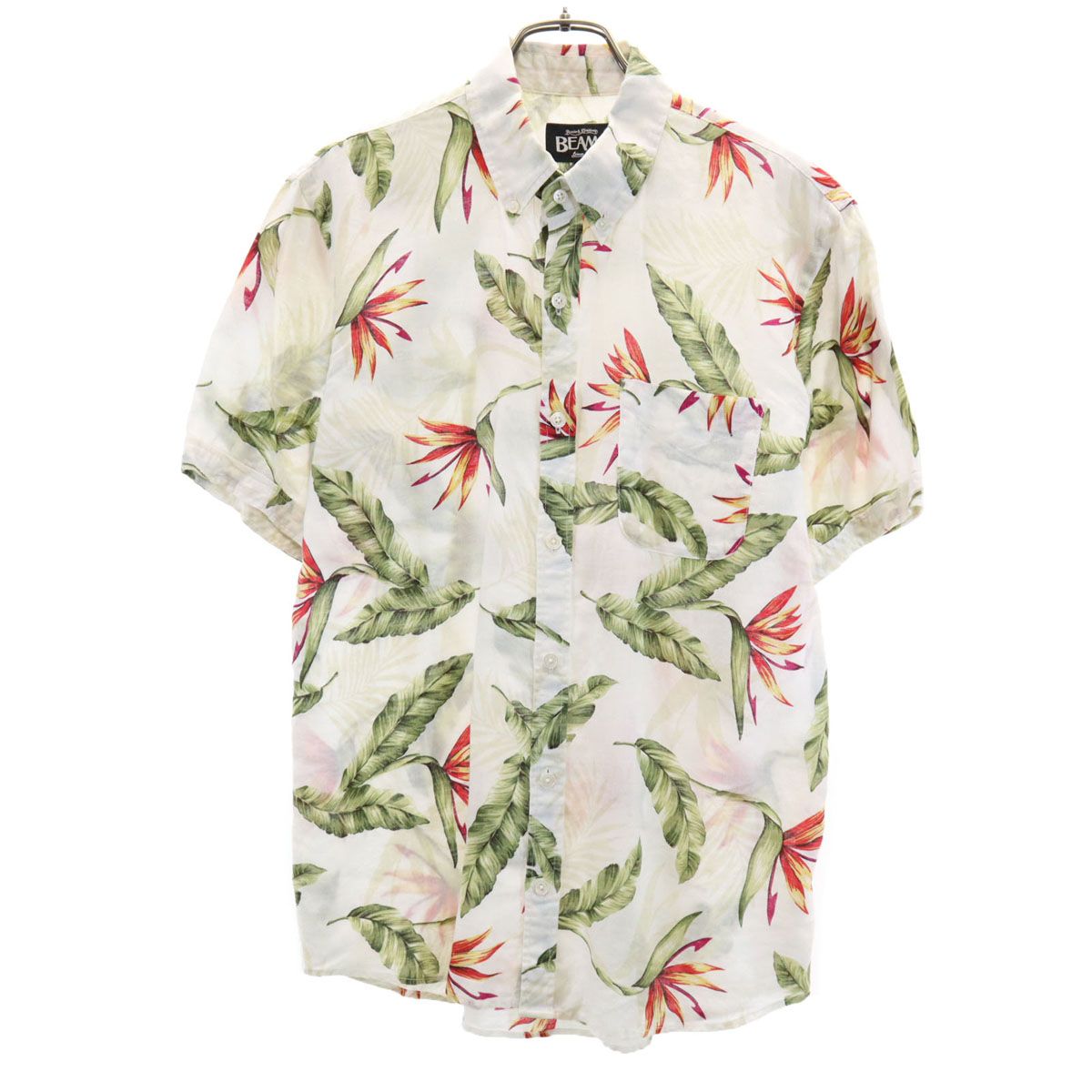 BEAMS ビームス リネン 総柄 半袖 ボタンダウン アロハシャツ M アイボリー
