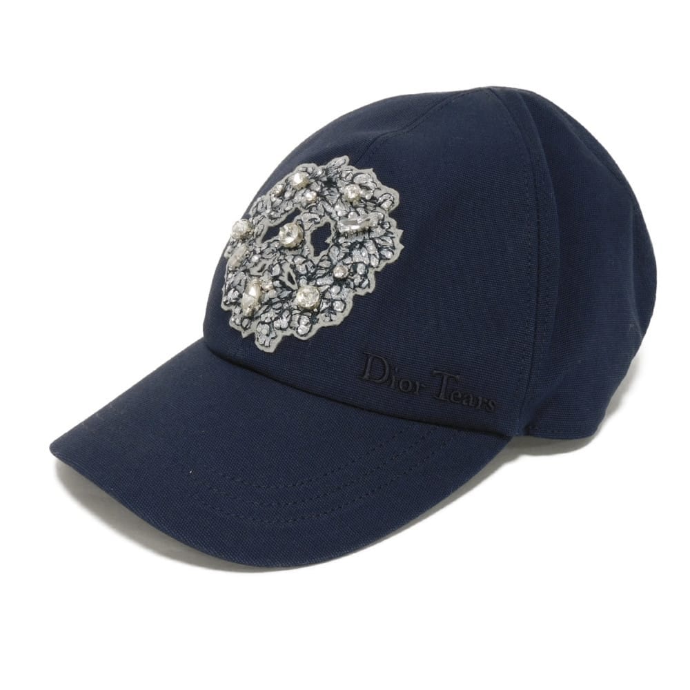 Dior ディオール デニム ティアーズ ベースボール キャップ L ピースサイン クリスタル キャンバス ロゴ コットン ネイビーブルー 帽子 383C911H4511
