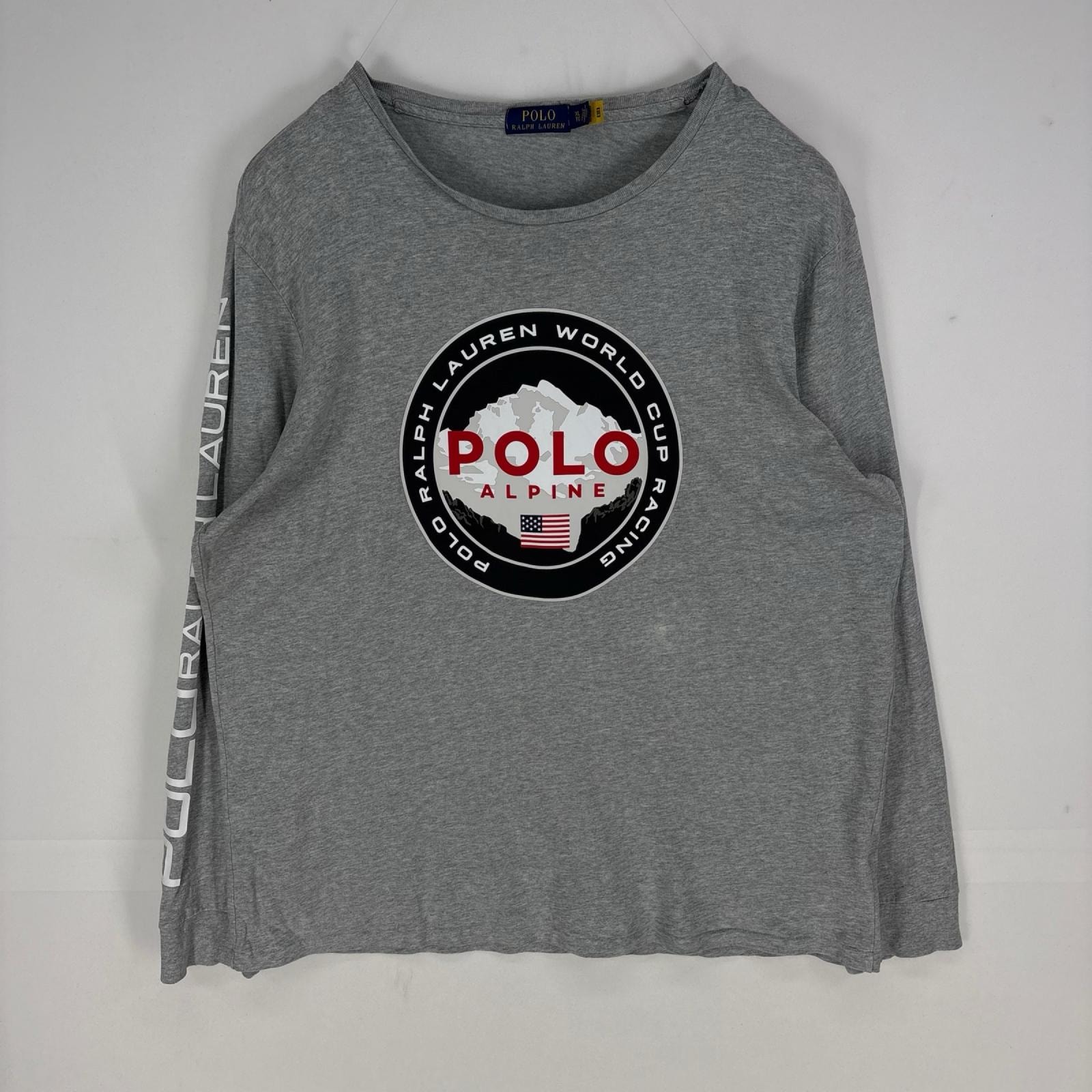 古着 ポロ・ラルフローレン POLO RALPH LAUREN 長袖Tシャツ クルーネック ビッグロゴ ロンT XL  グレー系 プリント メンズ