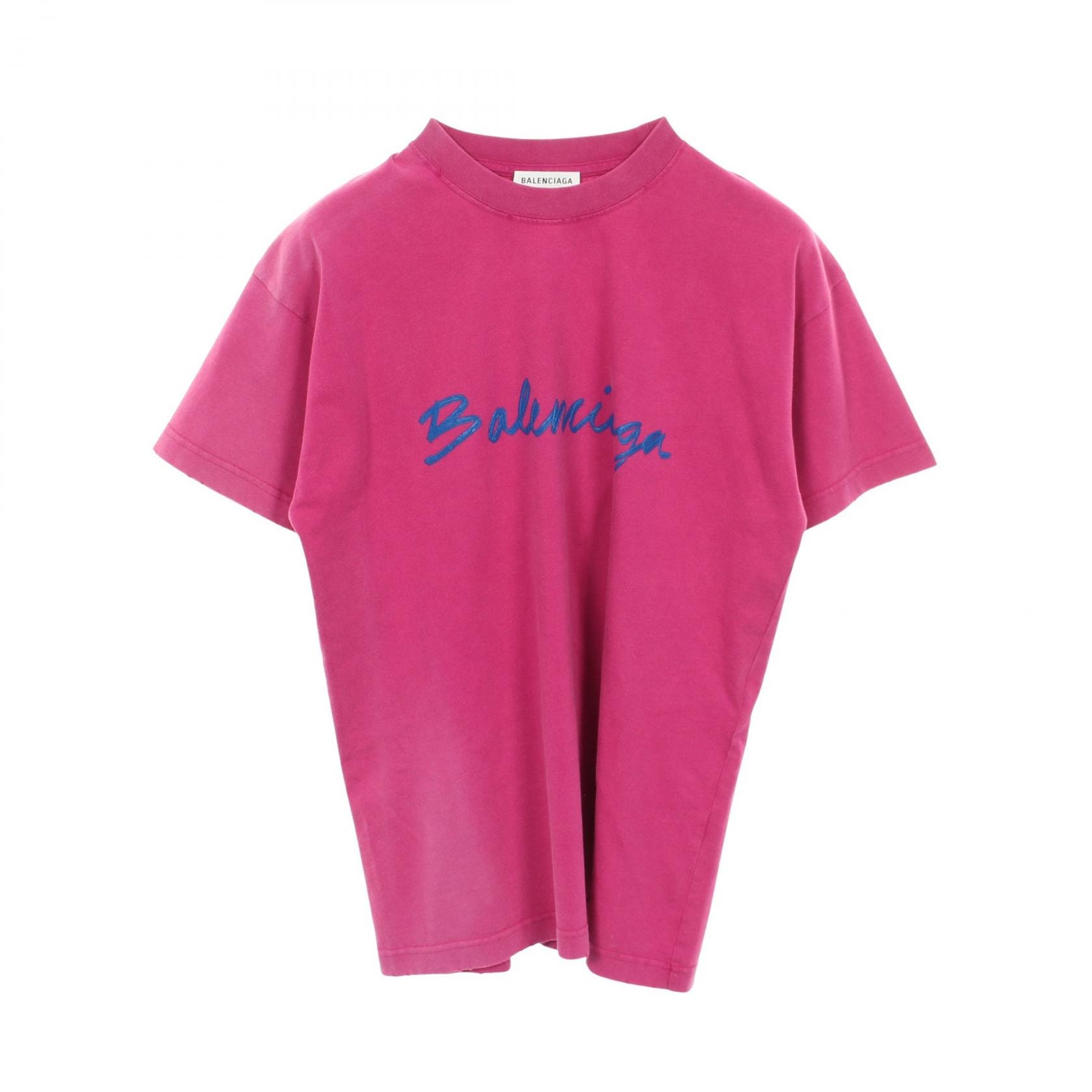 バレンシアガ BALENCIAGA プリントロゴ クルーネック ダメージ加工 ヴィンテージ加工 半袖Tシャツ 衣料品 トップス コットン メンズ レディース ピンク系 【中古】