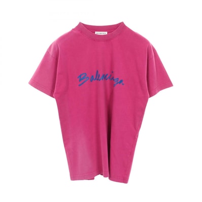 バレンシアガ BALENCIAGA プリントロゴ クルーネック ダメージ加工 ヴィンテージ加工 半袖Tシャツ 衣料品 トップス コットン メンズ レディース ピンク系 【中古】