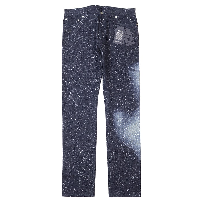 【未使用】LOUIS VUITTON ルイ・ヴィトン デニムパンツ サイズ 34 メンズ SLIM 2019SS ギャラクシー 宇宙 ペイント ロゴ LVサークル刻印 レザーパッチ ジップフライ ジーンズ ボトムス ネイビー 紺 イタリア製