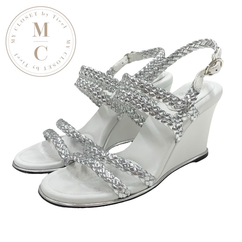 シャネル CHANEL サンダル 靴 シューズ レザー シルバー ホワイト ココマーク ストラップ ウェッジソール 傷や汚れあり】シャネル CHANEL サンダル 靴 シューズ レザー シルバー