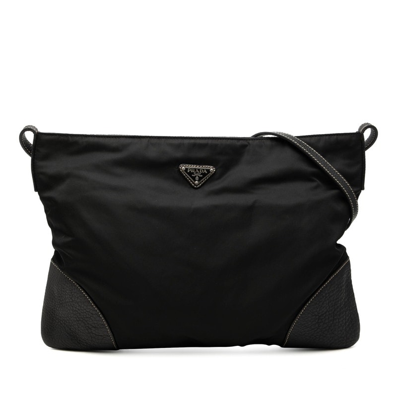 プラダ 三角ロゴプレート 斜め掛け ショルダーバッグ ブラック ナイロン レザー レディース PRADA 【中古】