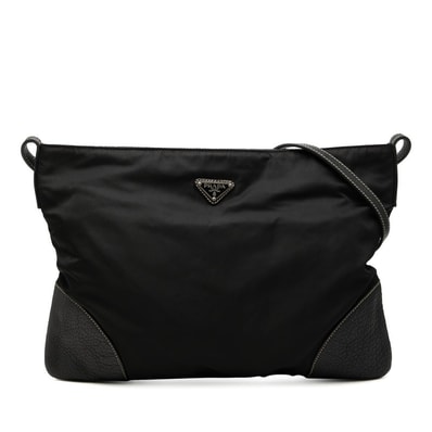 プラダ 三角ロゴプレート 斜め掛け ショルダーバッグ ブラック ナイロン レザー レディース PRADA 【中古】